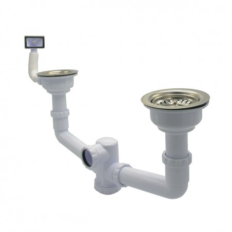 Double sink siphon set with stainless steel anti-flood basket